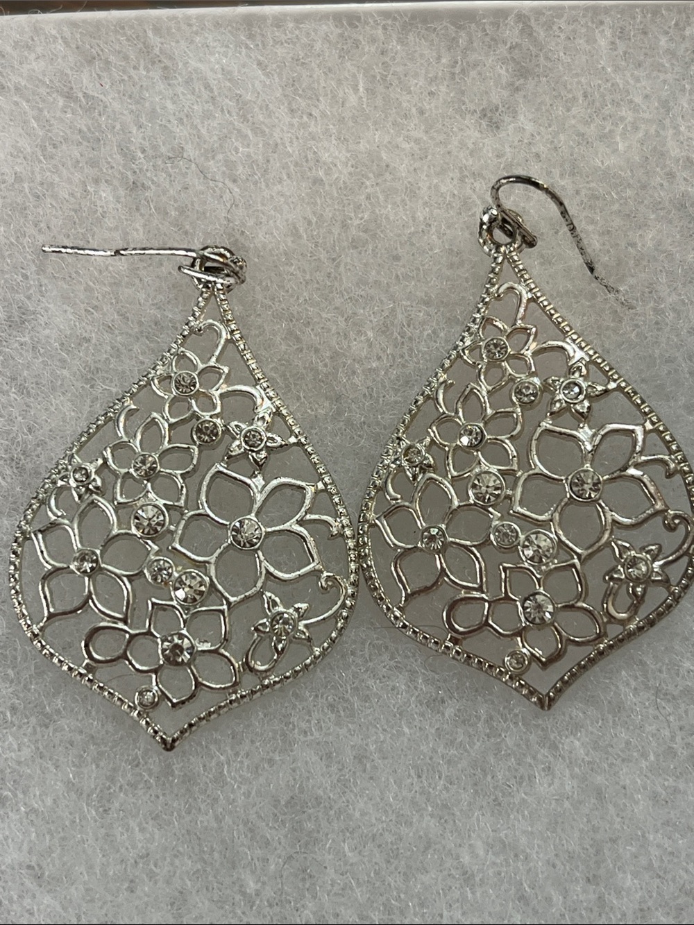 1/$10 Silver Floral Filigree Drop Earrings with Crystals